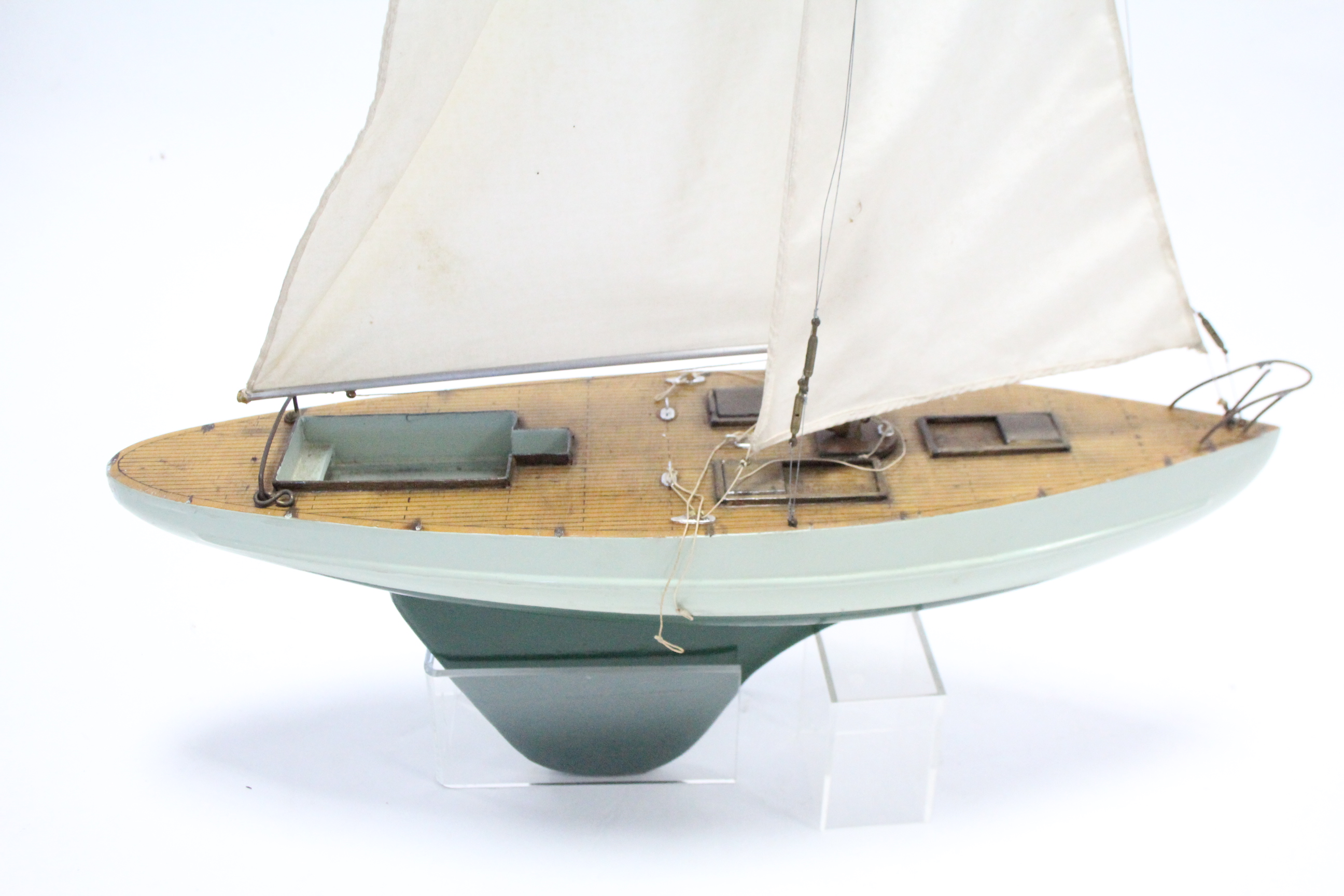 A painted wooden pond yacht with sails, 21” wide. - Image 2 of 2