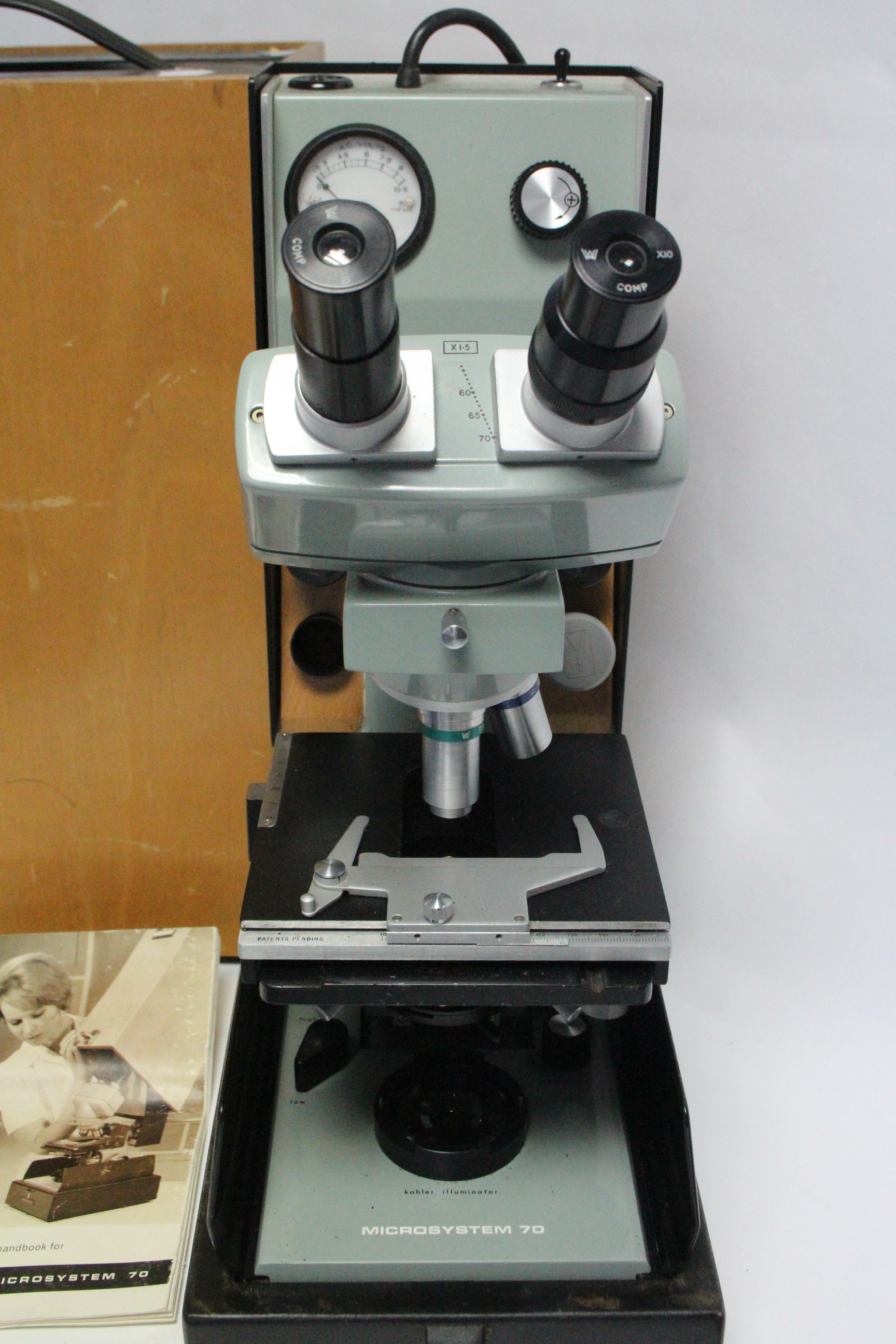 A Watson “Microsystem 70” electrically operated binocular microscope, with case. - Image 3 of 3