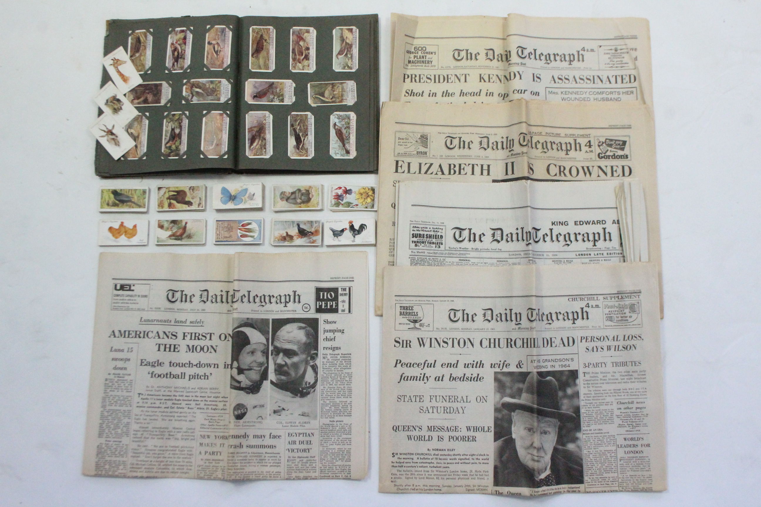 Various mixed cigarette cards, in one album & loose; & various vintage newspapers.