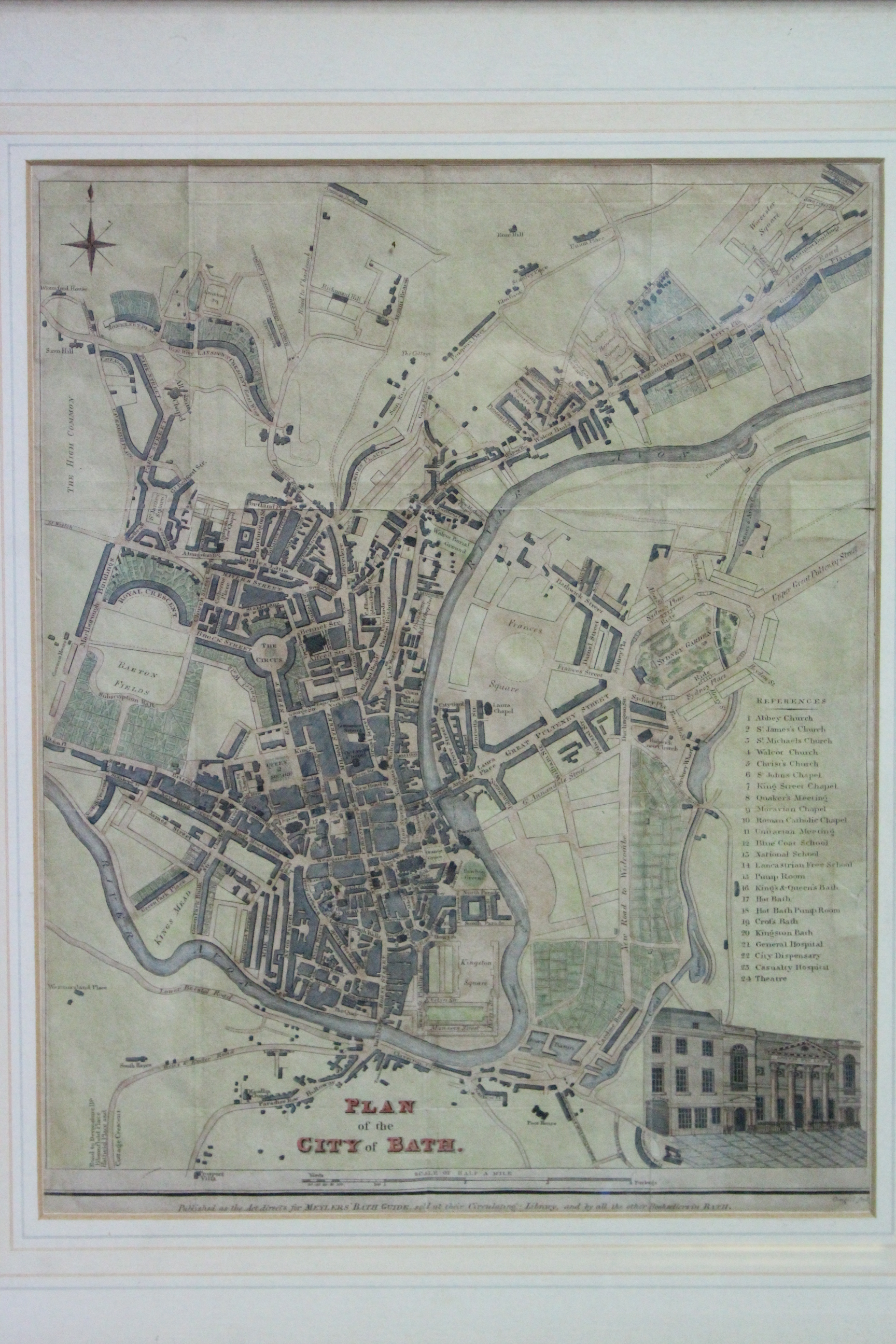 Two reprinted coloured maps of “Bath”, 11¾” x 11¾”, & 10¾” x 13¾”, each in glazed frame.