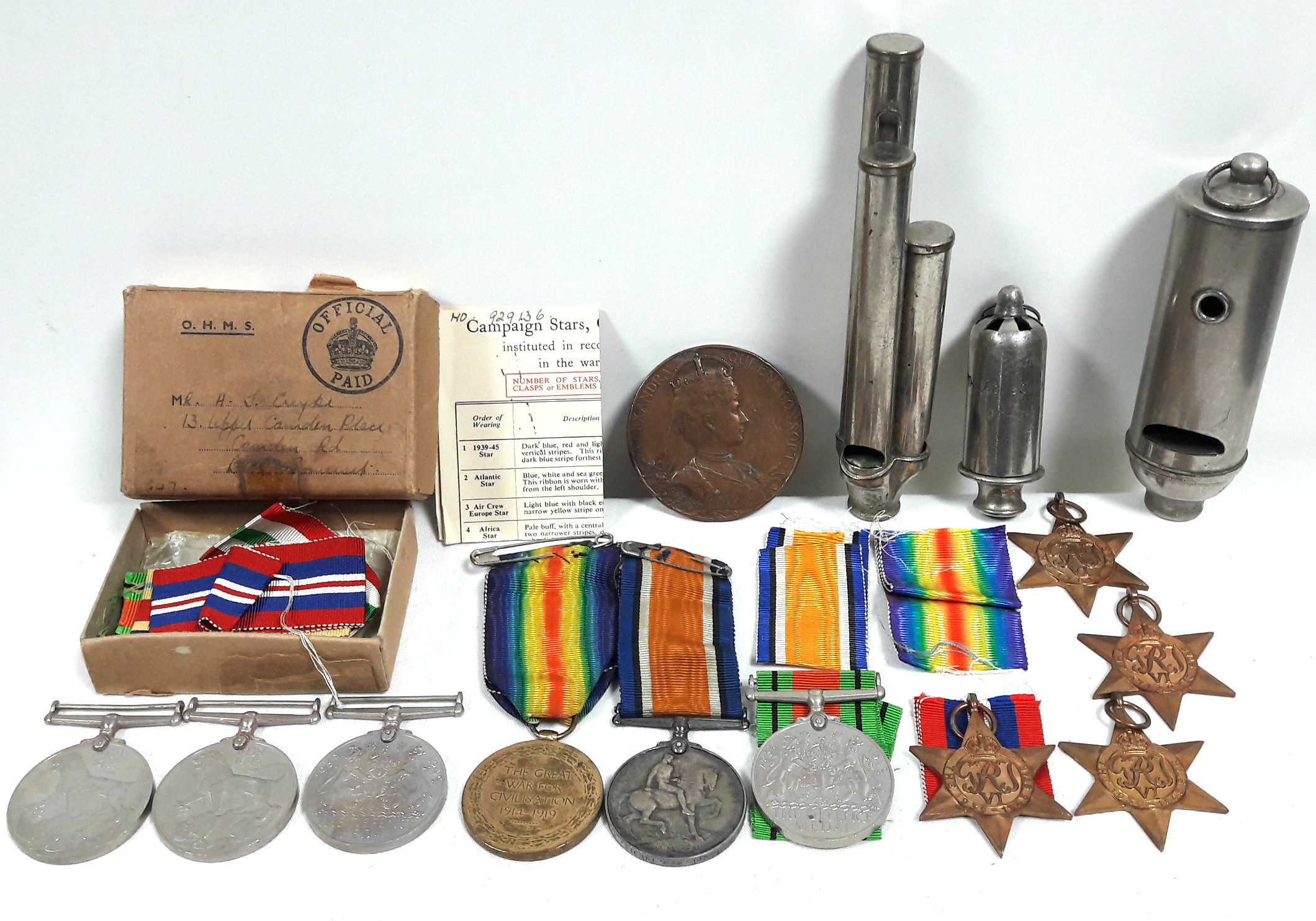 A First World War pair awarded to L. Cpl. H. M. Treble, R. M. L. I., Victory Medal & British War