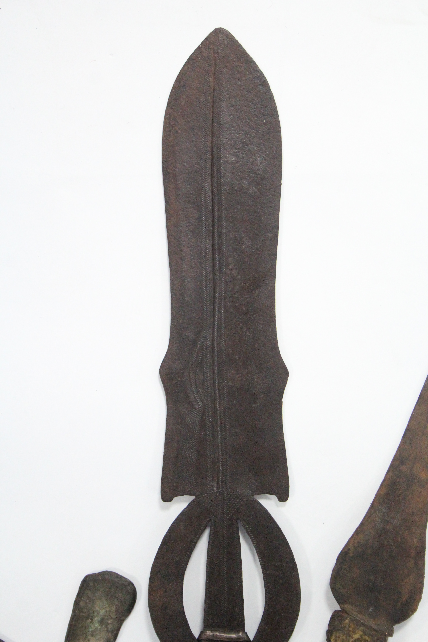 A Congolese ceremonial dagger, the pierced blade with tooled “herringbone” decoration, & with carved - Image 2 of 7