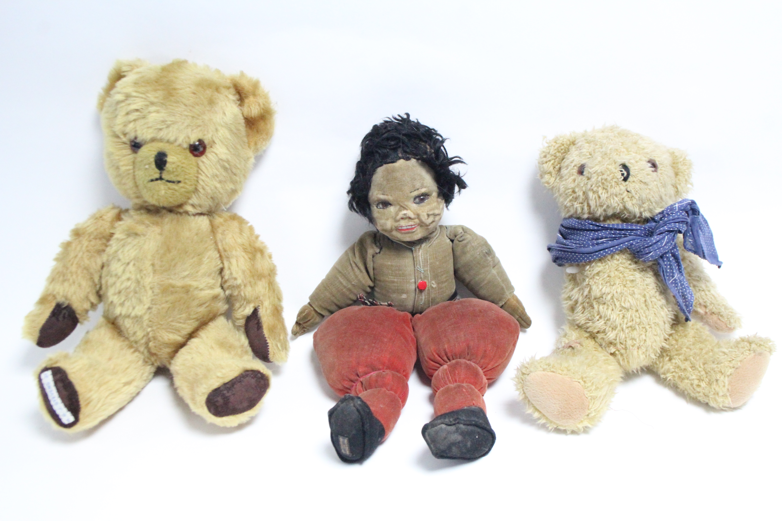 A Lenci-type cloth girl doll, dressed, 16” tall; together with two teddy bears; various items of