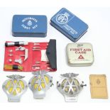 Three “AA” car membership badges; two RAC Motorists First Aid tins, etc.