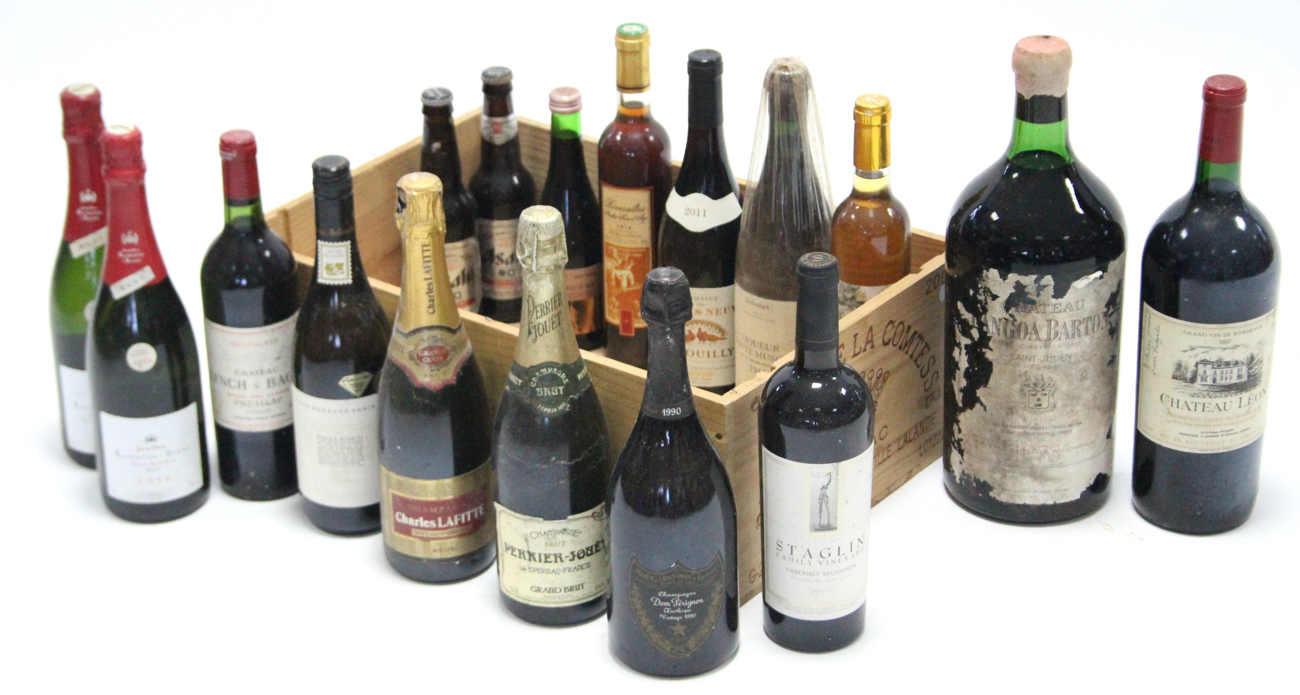 A large bottle of Chateau Leon wine (1987, 150cl); & sixteen various other bottles of wine & beer,