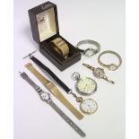 A ladies’ fob watch in 15ct. gold case; a ladies’ wristwatch in 9ct. gold case; five other