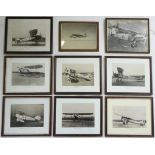 Eight sepia photographs of aeroplanes, circa 1920’s onwards, each in glazed frame.