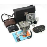 An Aico Balda folding camera with leather case; a Newent Warner movie camera (Model 532-A); a