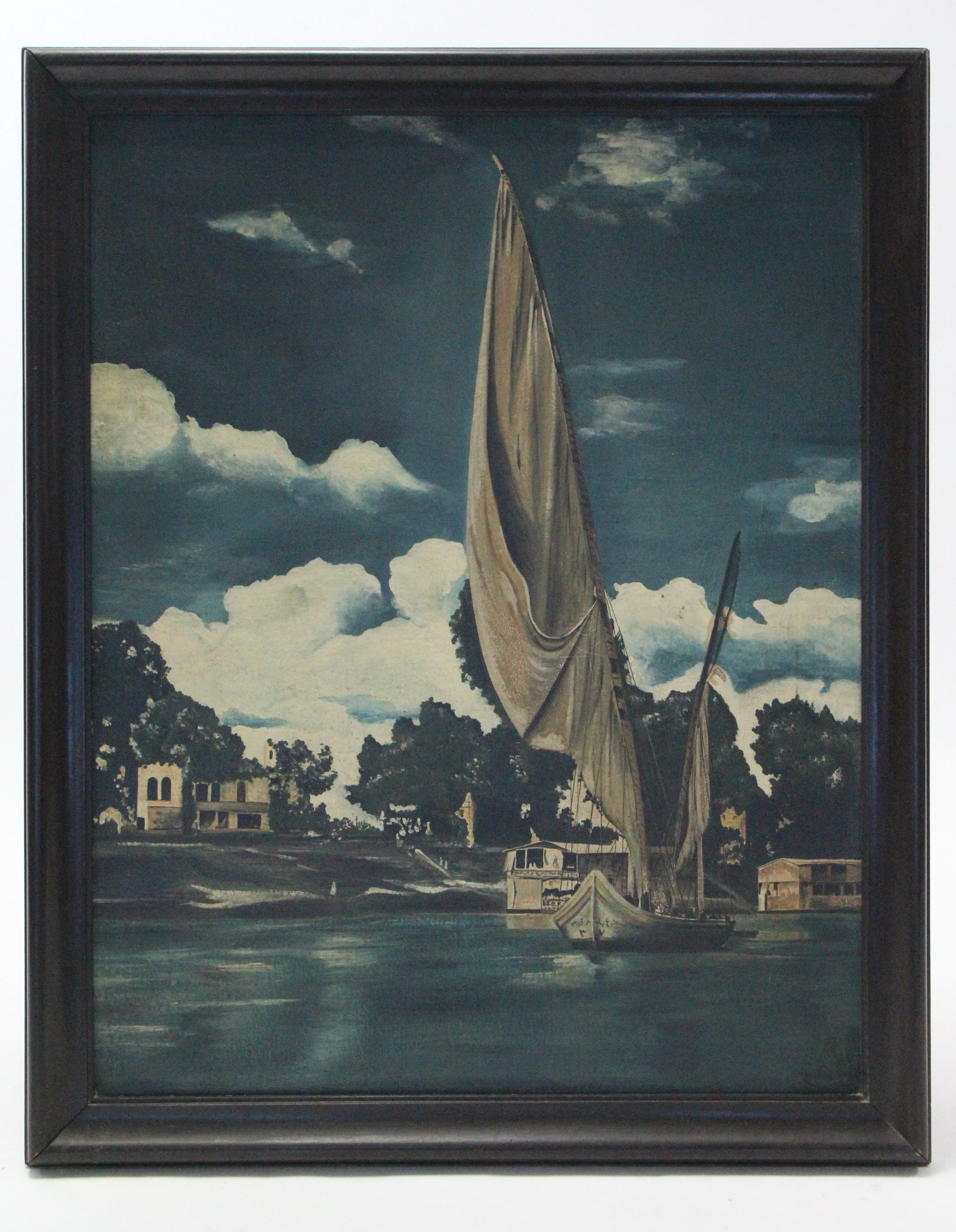 A 1940’s P. O. W. river scene depicting a sailing boat & buildings beside a tree-lined river bank