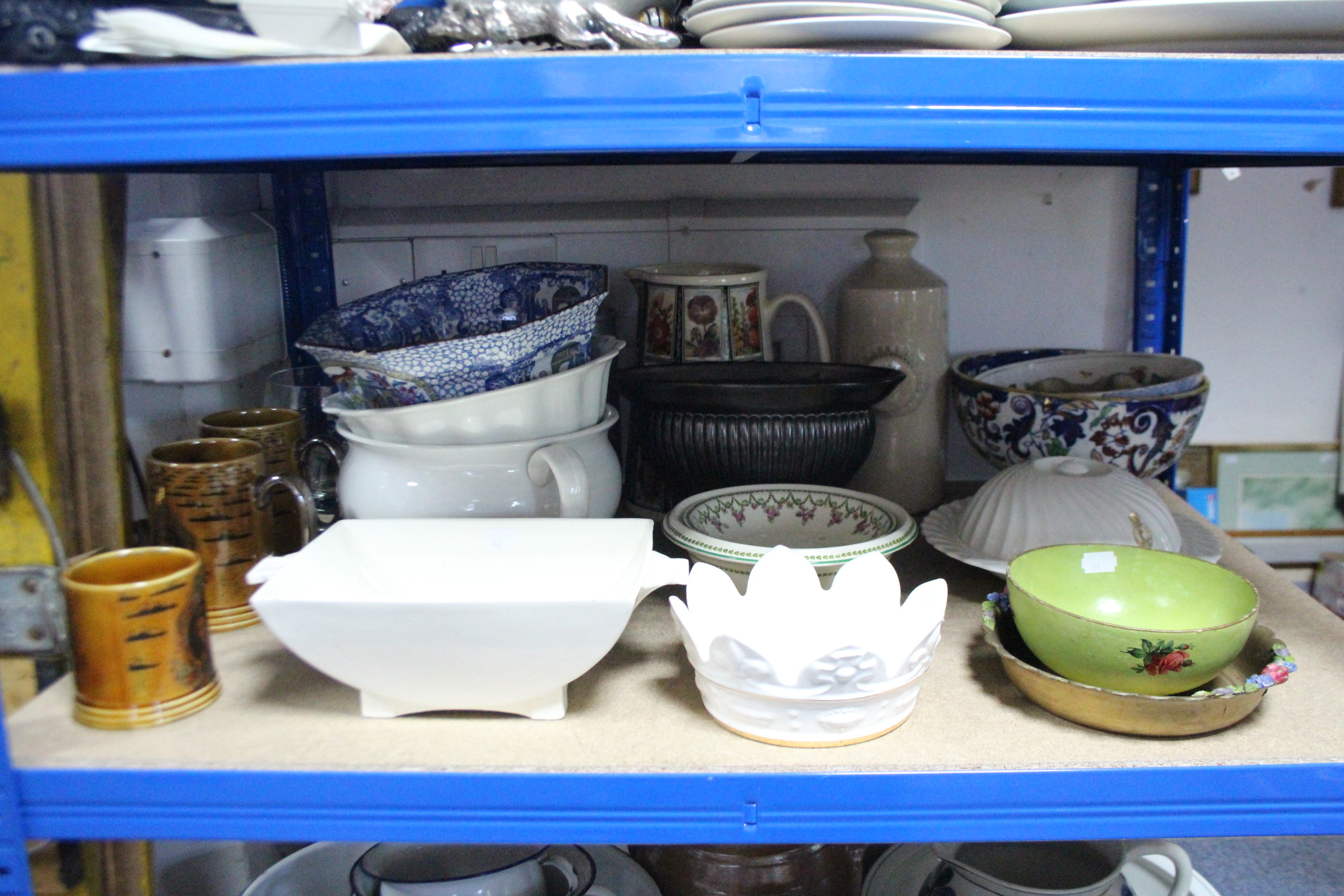 A floral decorated five-piece toilet set; two stoneware foot warmers; three tankards, etc. - Image 2 of 2