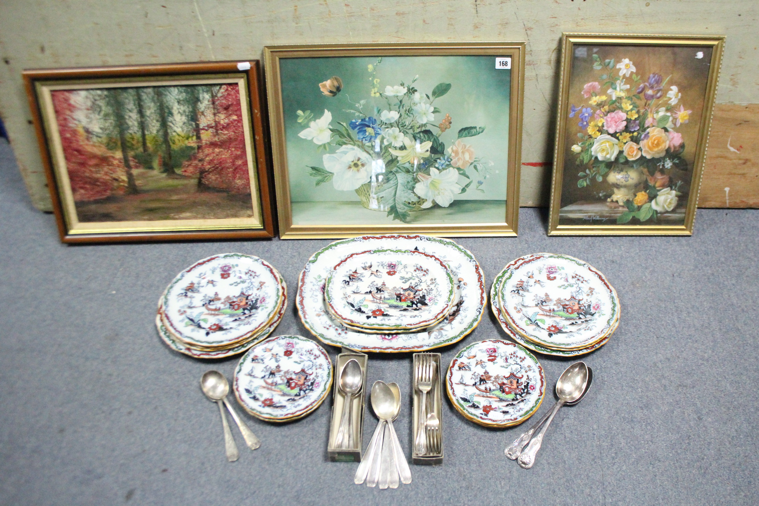 Various decorative pictures; various items of plated cutlery; & sundry other items.