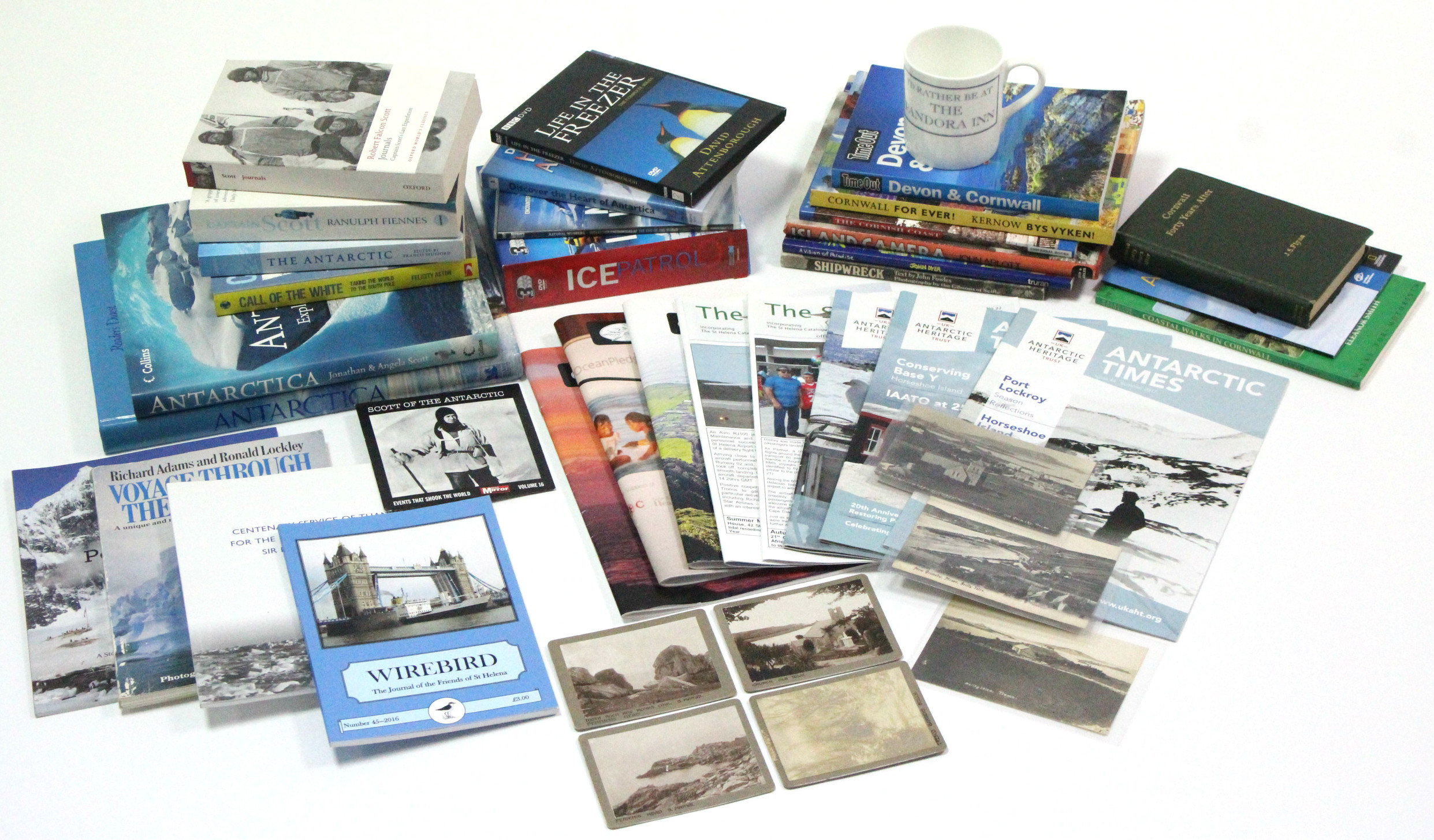 Various loose postcards, books, etc., all relating to Cornwall & Antarctica.