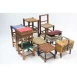 Three needlework tables; together with eight stools; & a child’s rail-back chair.
