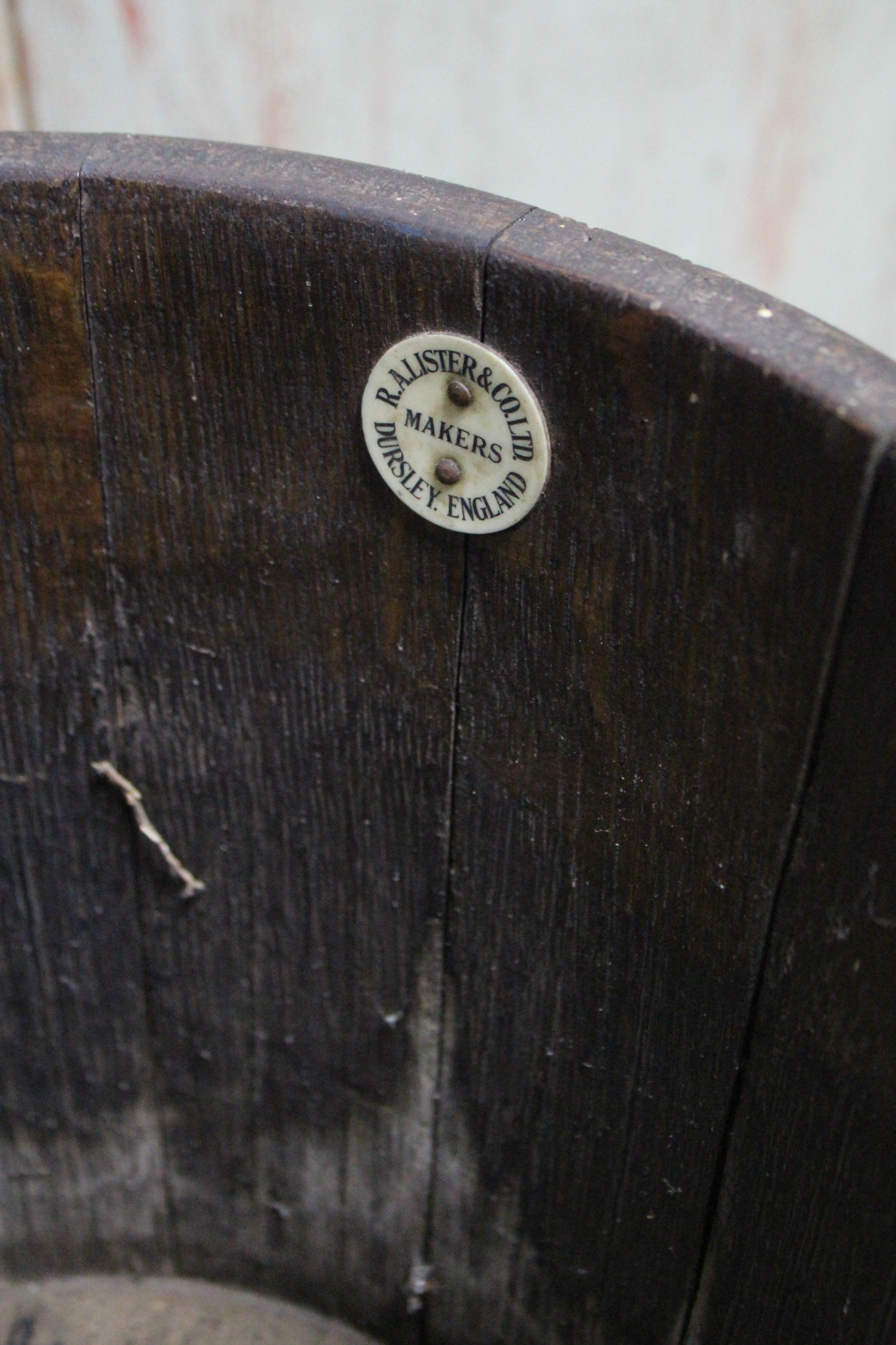 A Lister & Co. of Dursley brass-bound oak jardinière on three square legs, 10¼” diameter x 36” - Image 3 of 3