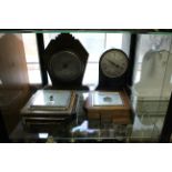 A Metamec mantel clock; eight various barometers; various plated trophy cups; & sundry other items.