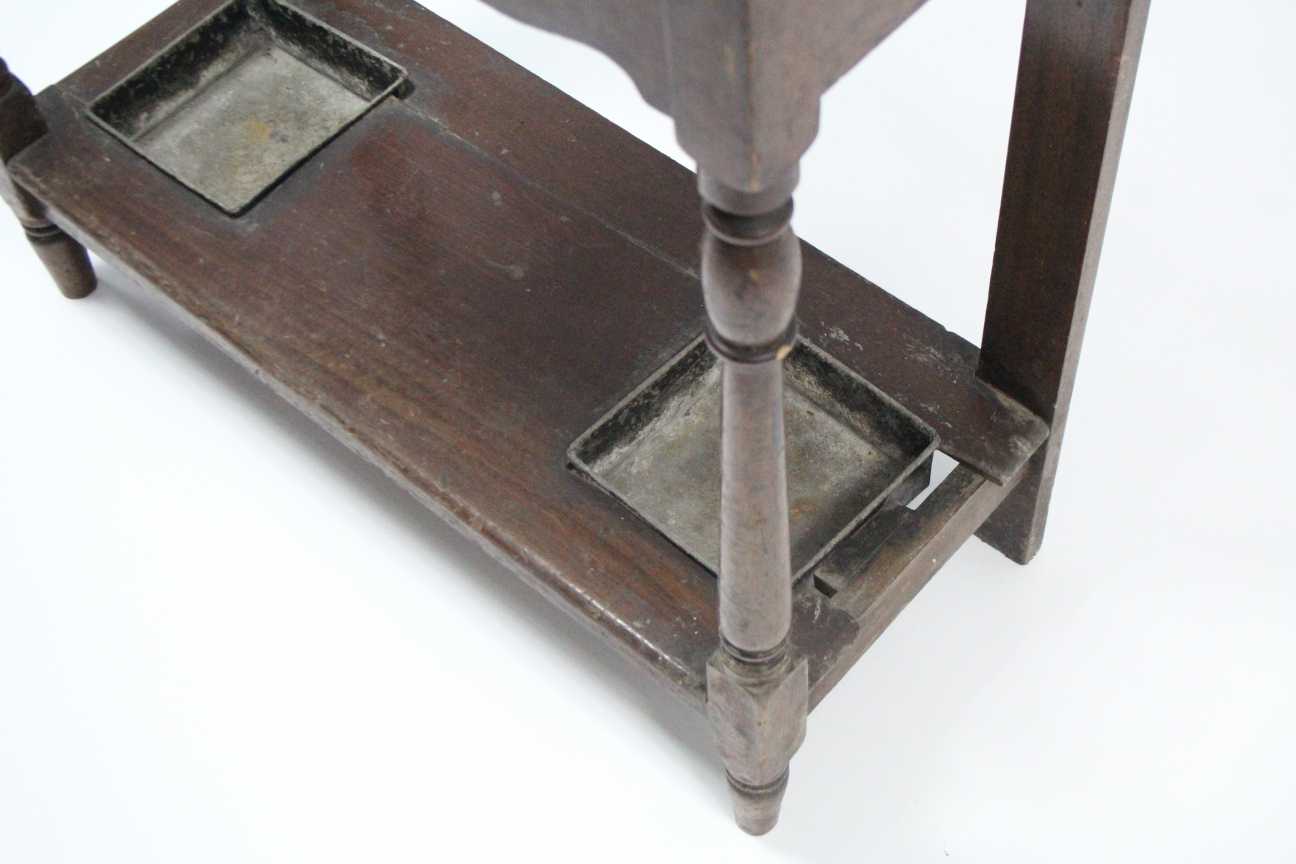 A Victorian walnut hallstand, inset rectangular mirror above a glove compartment, & on baluster- - Image 4 of 5