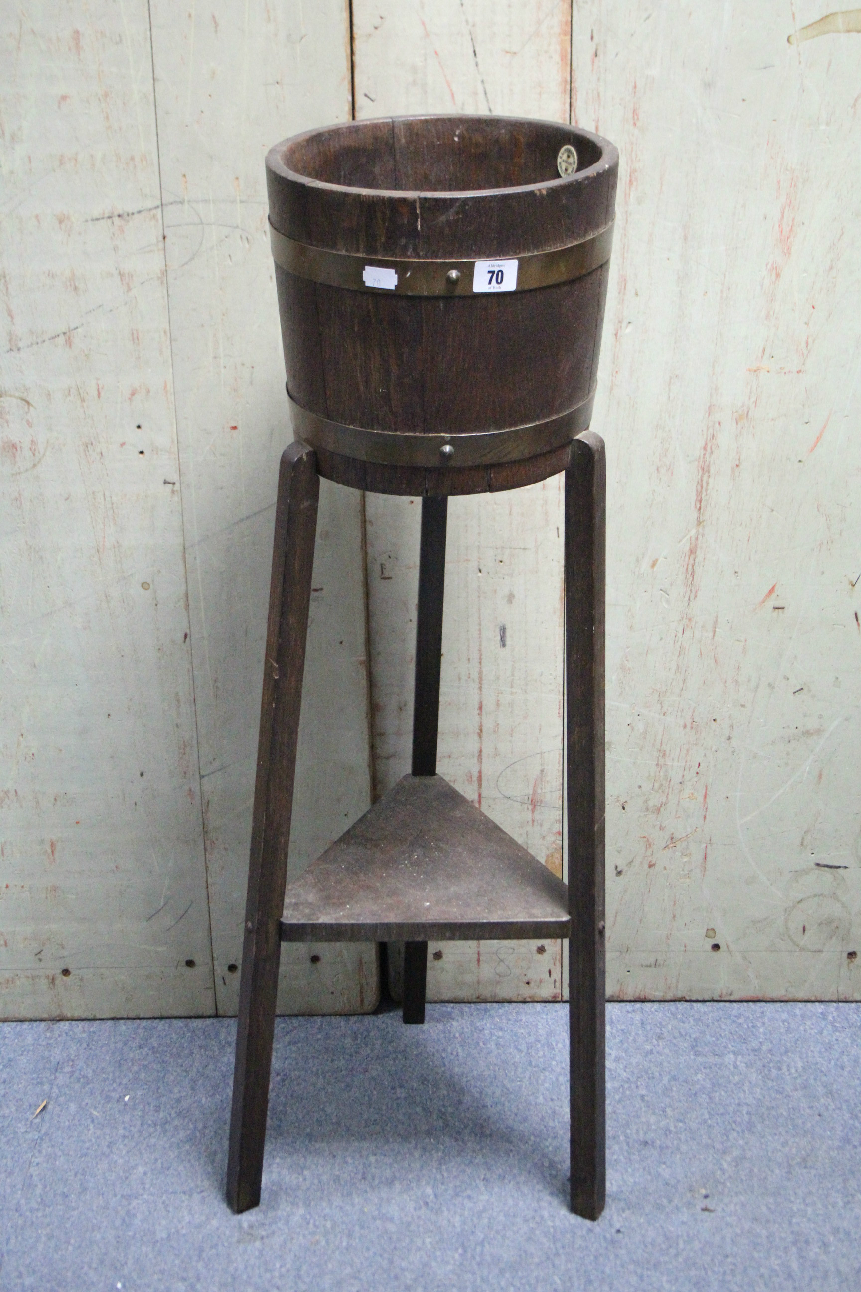 A Lister & Co. of Dursley brass-bound oak jardinière on three square legs, 10¼” diameter x 36” - Image 2 of 3