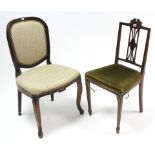 An Edwardian inlaid-mahogany occasional chair with pierced splat-back, padded seat, & on square