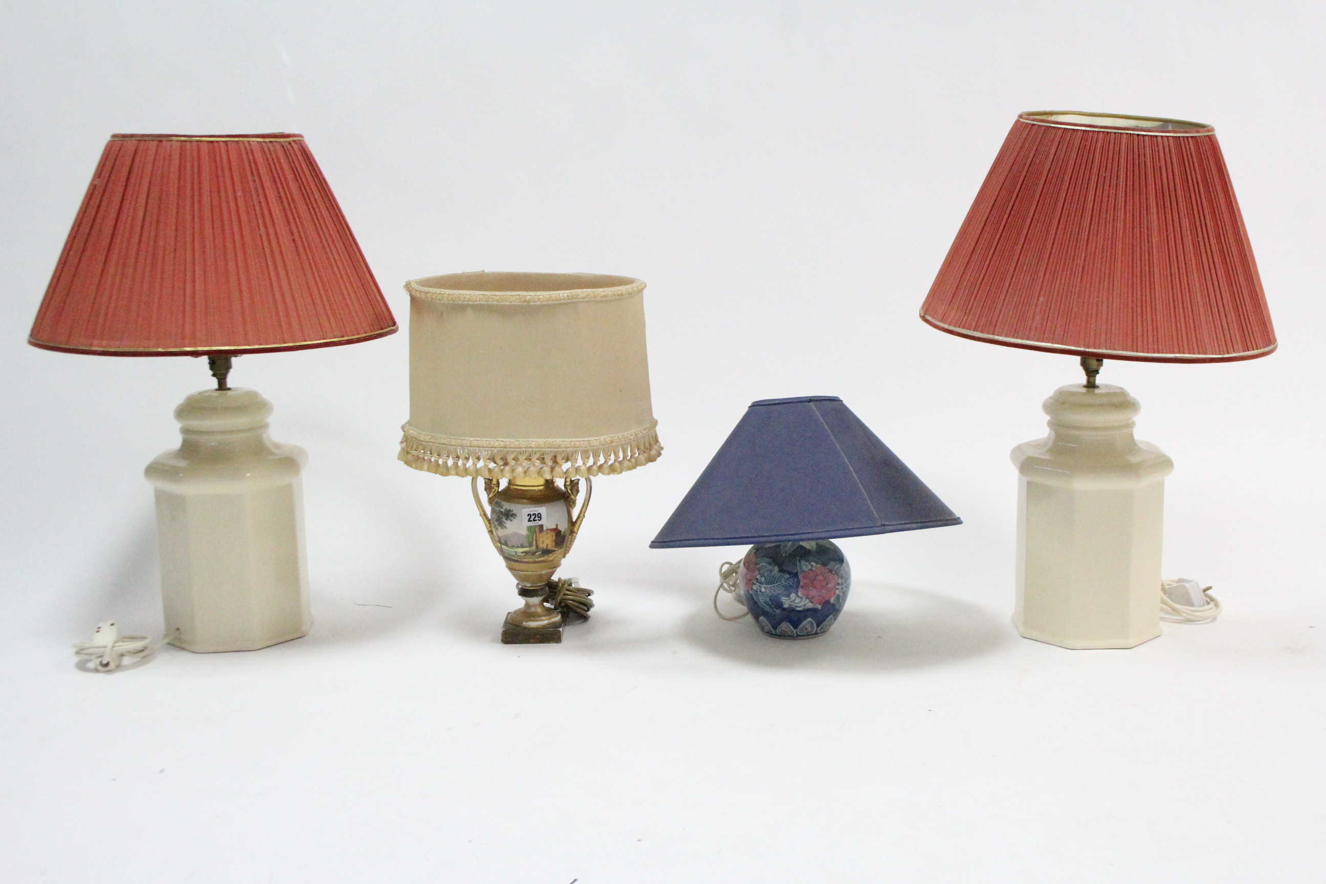 Four modern brass ceiling light fittings; & four table lamp bases each with shade. - Image 2 of 2