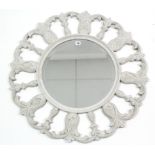 A 19th century-style white painted & carved wooden frame circular wall mirror inset bevelled