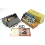 A New Home electric sewing machine with case, w.o. & various vintage engineers tools in toolbox.