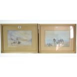 A pair of watercolour paintings of desert scenes, each with figures to the centre, & signed M.