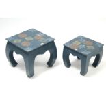 Two Chinese-style painted teak square occasional tables, each on four shaped legs, 13" & 10¾" wide.