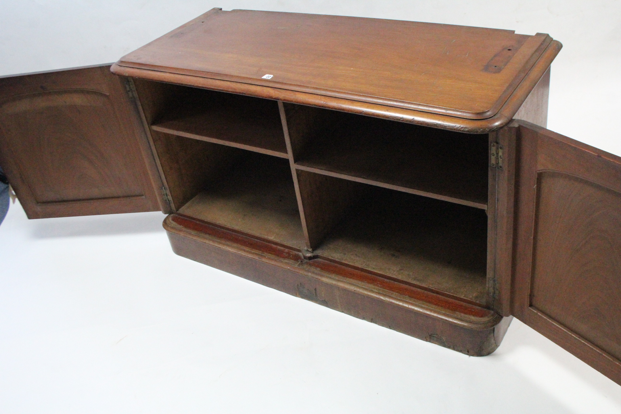 A Victorian mahogany low cupboard, fitted two shelves enclosed by pair of panel doors, & on plinth - Image 2 of 3