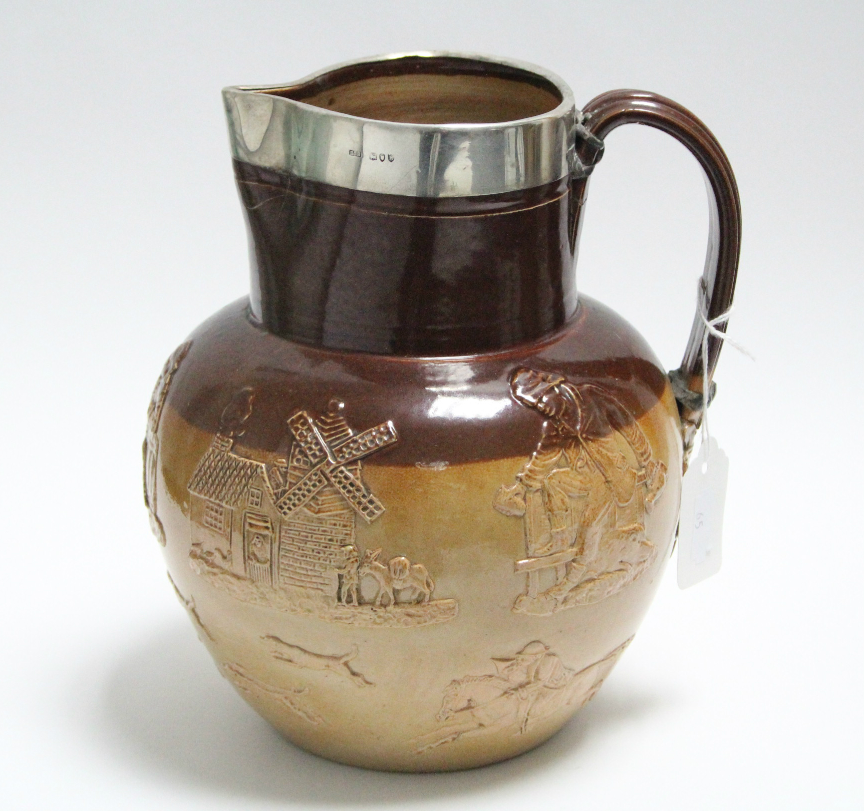 A Doulton Lambeth large stoneware “Harvest” jug with silver mount, 8¼” high, London 1892 (slight