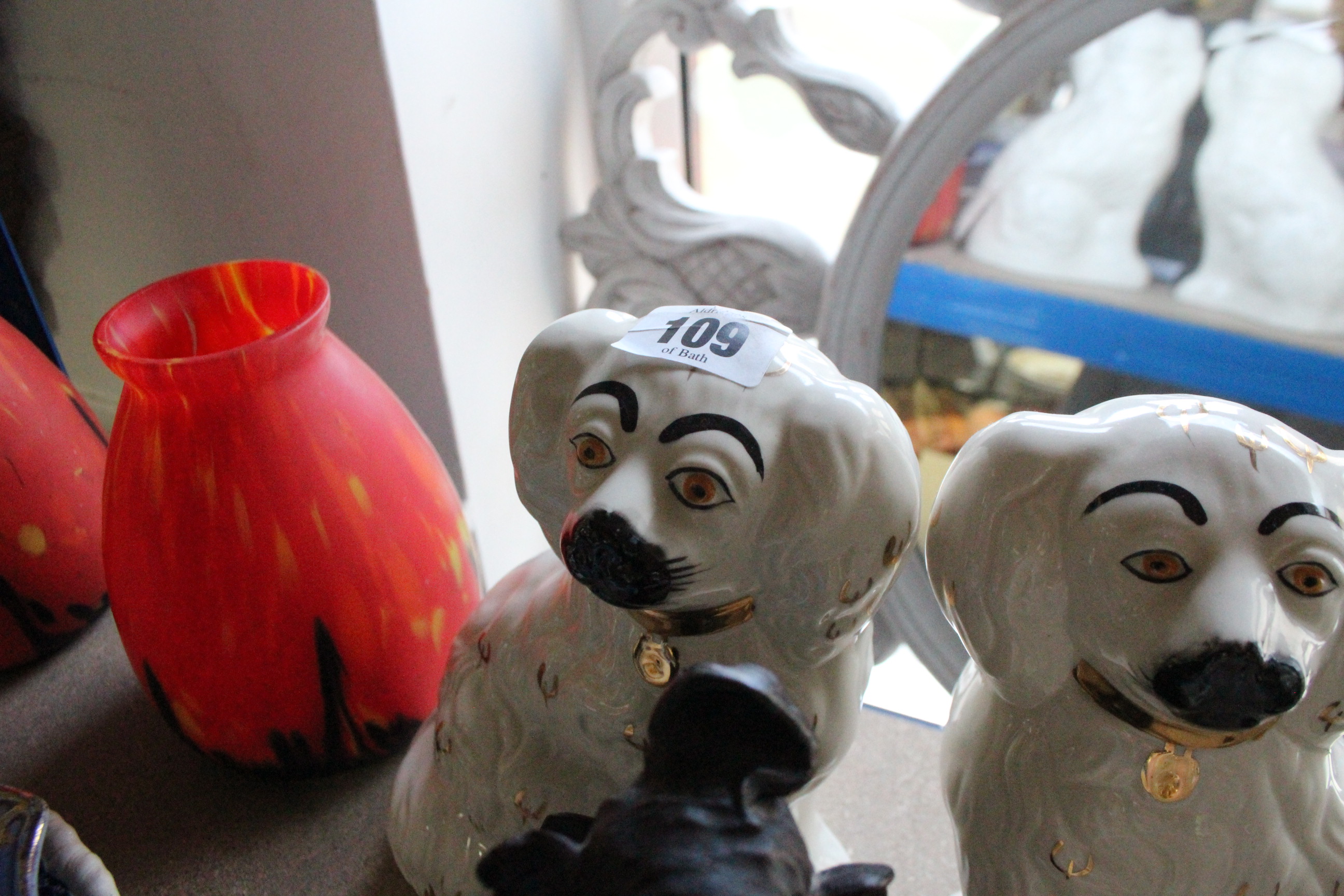 A pair of pottery flat-back spaniel ornaments; two pairs of art-glass vases; a cut-glass fruit bowl, - Image 2 of 2