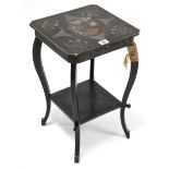 A Chinese-style black lacquered square two-tier occasional table on shaped legs, 11¼" wide.