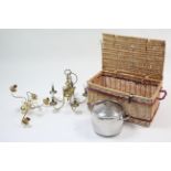 A wicker hamper (lacking contents); a firescreen; a stainless steel cooking pot; & two modern