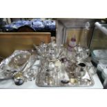 A silver-plated four piece tea & coffee service with tray,; a plated oval tray; two silver-mounted