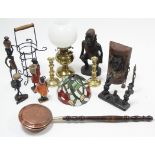 A pair of brass candlesticks; a brass oil lamp; eight jewellery boxes; various ethnic treen