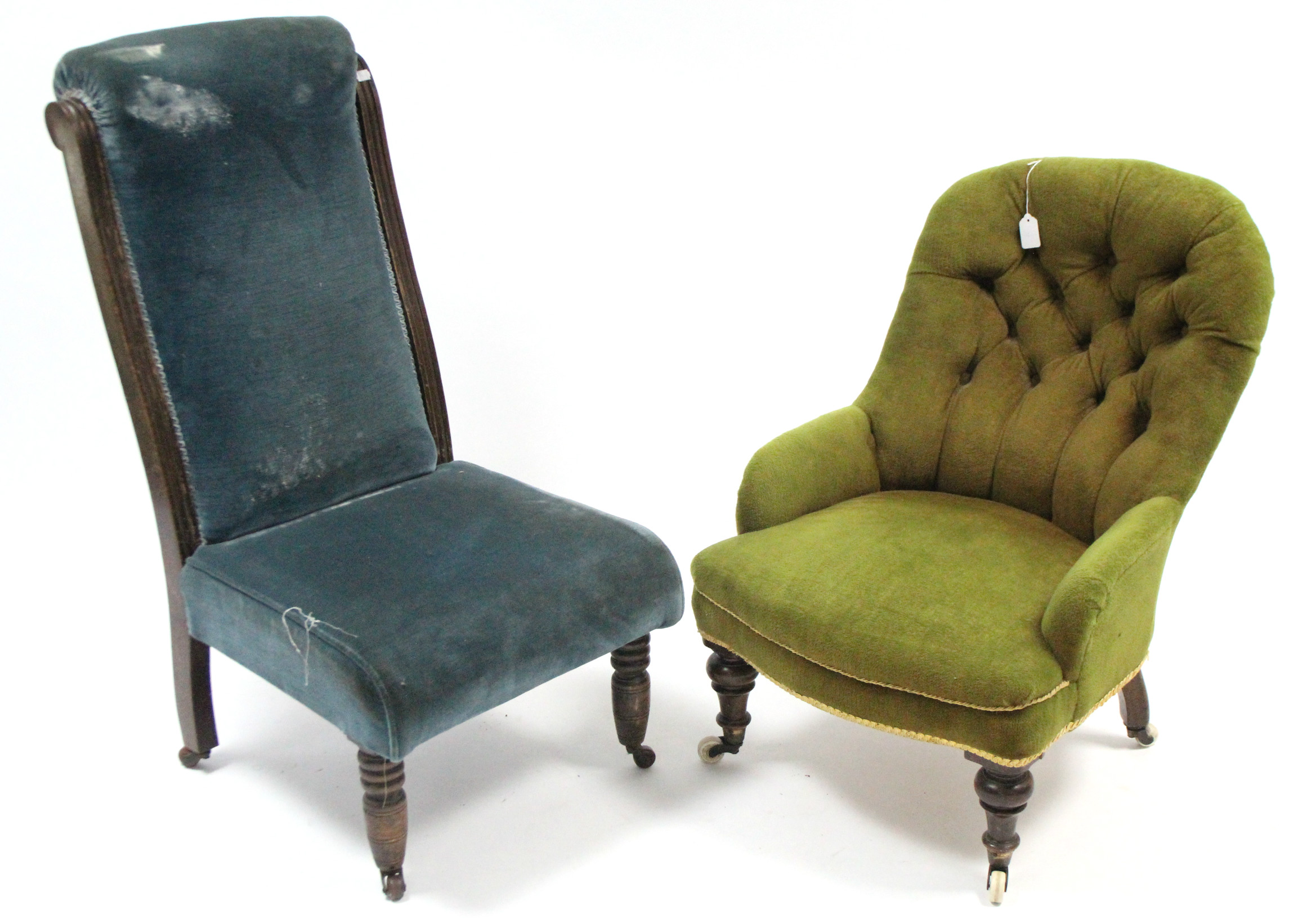 A Victorian buttoned-back nursing chair upholstered pale green velour, & on short turned legs with