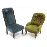 A Victorian buttoned-back nursing chair upholstered pale green velour, & on short turned legs with