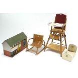 A Bentwood child's rocking chair; a baby's high/low chair; a doll's house; & a doll's cradle.