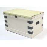 A white painted deal iron-bound blanket box, with hinged lift lid & wrought-iron side handles,