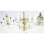 Four modern brass ceiling light fittings; & four table lamp bases each with shade.