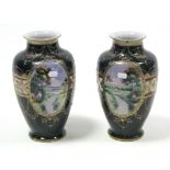 A pair of Noritake porcelain vases of ovoid form, & with painted river landscape decoration, 12”