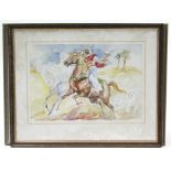 Two large watercolour paintings, each depicting an Arabian male figure seated on a horse, signed
