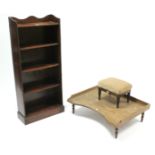 A 1930's oak standing five tier open bookcase, 18" wide x 42" high; together with a pine bed tray; &