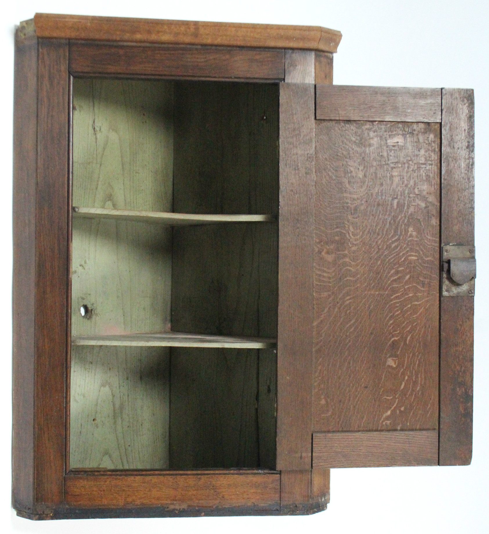 A 19th century small oak hanging corner cupboard fitted two shelves enclosed by panel door, 26" wide - Image 2 of 2