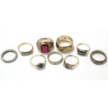 Five 9ct gold rings; an 18ct gold ring; & three dress rings.