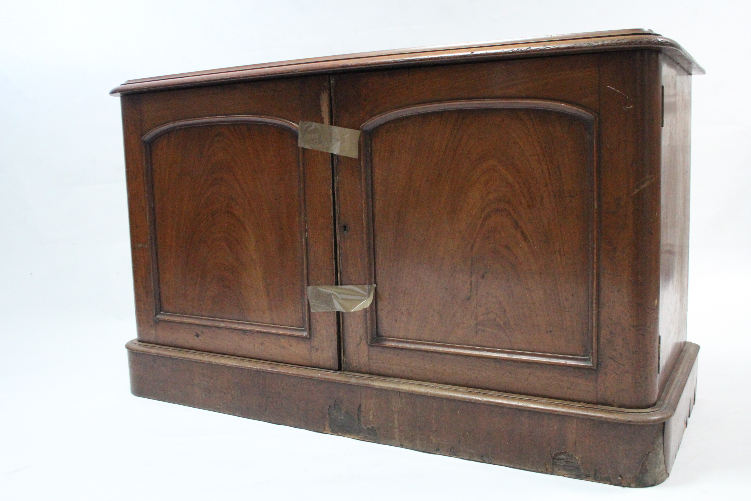 A Victorian mahogany low cupboard, fitted two shelves enclosed by pair of panel doors, & on plinth - Image 3 of 3