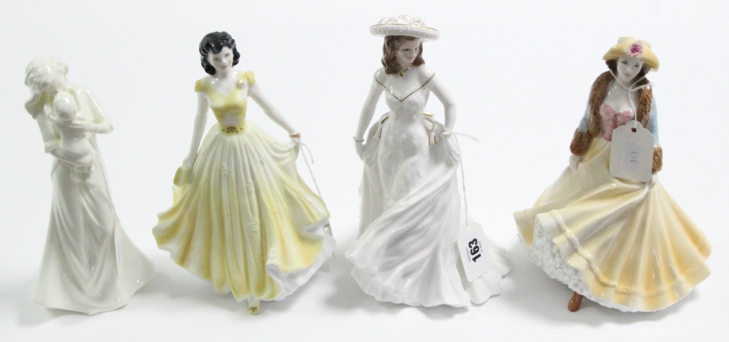 Four other Royal Worcester bone china figures “Amy”, “Birthday Wish”, “First Kiss”, & “Ladies Day”.