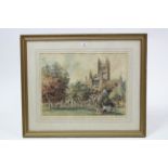 A large coloured print after Sturgeon of a church exterior scene, 17" x 22¾"; together with three