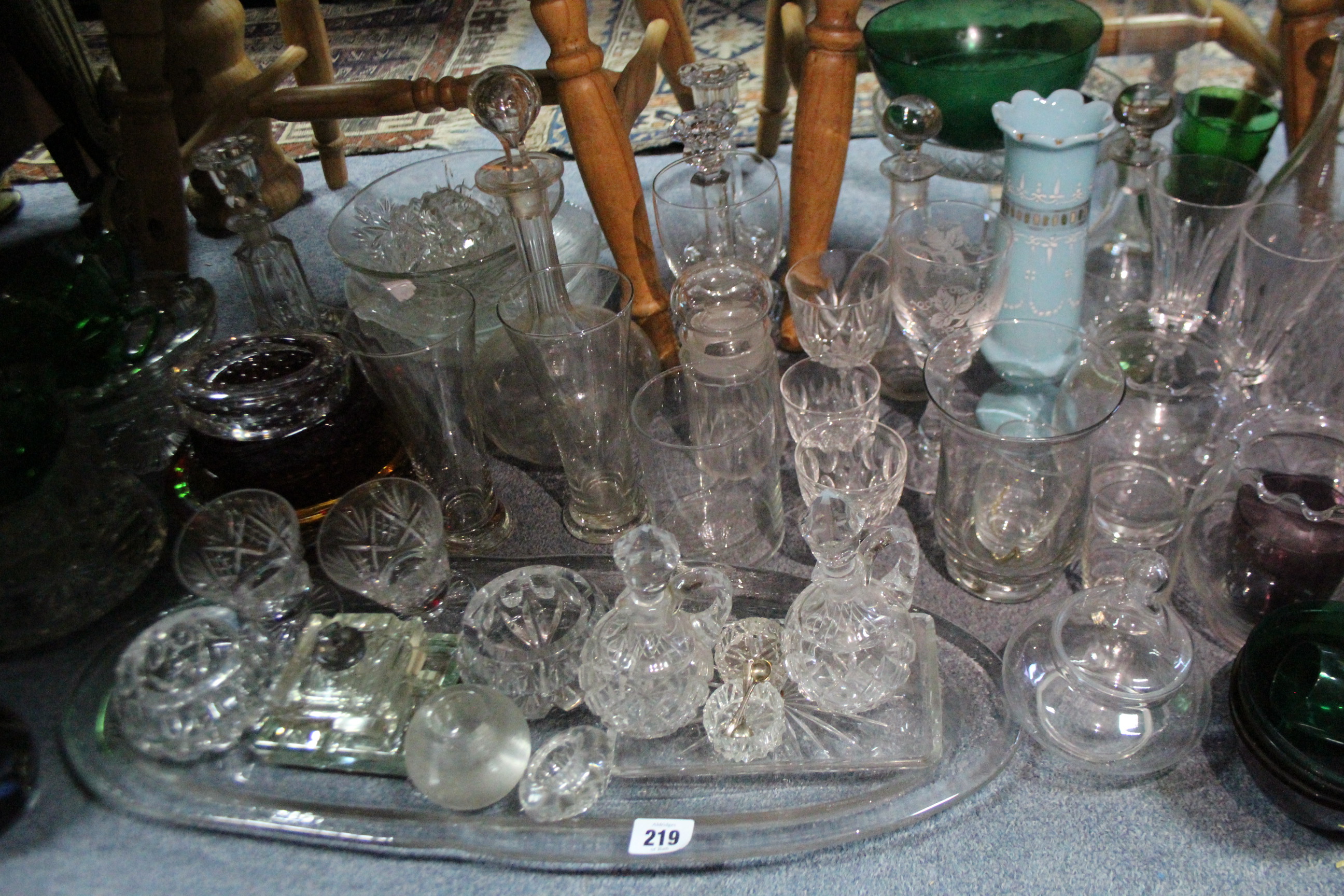 Seven glass decanters; & various other items of glassware.