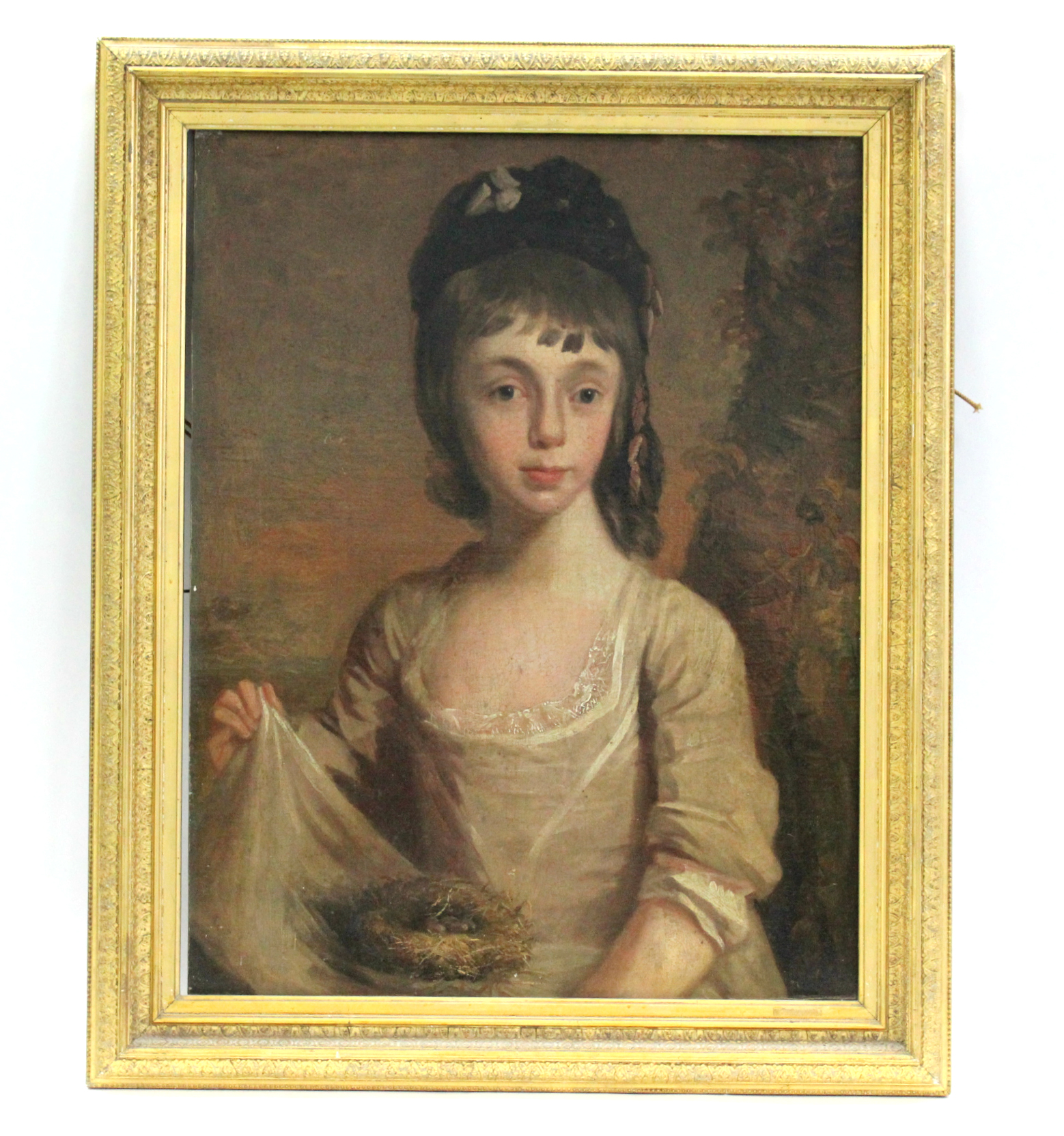ENGLISH SCHOOL, late 18th century. A half-length portrait of a girl holding a bird’s nest & eggs - Image 2 of 5