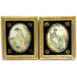 A pair of George III silk needlework pictures of male & female rustic figures, 6¼” x 4¾” (oval),